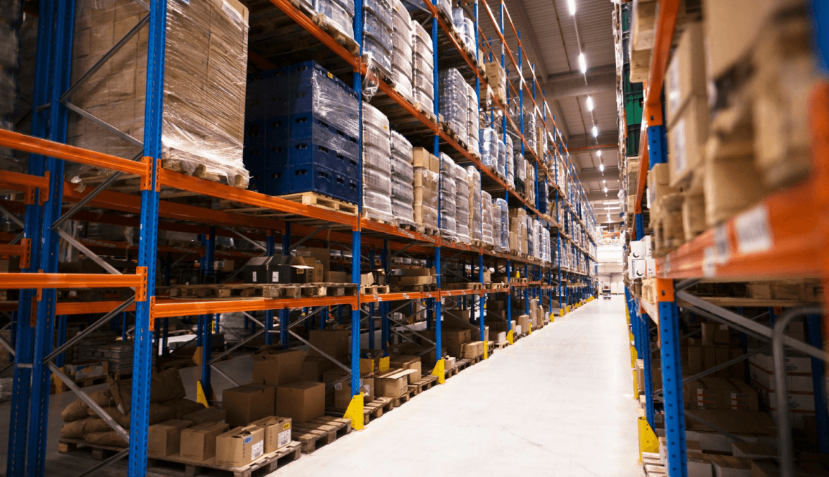 Warehouse shelves with inventory